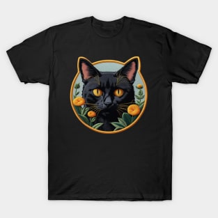 Black Cat Botanical Embroidered Patch T-Shirt